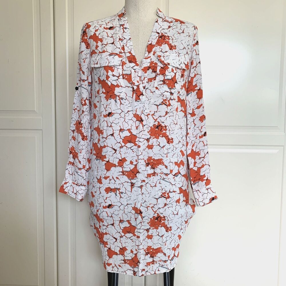 Sinequanone Roll Tab Long Sleeve Dress V Neck White Orange Women's Size T 36